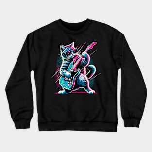 Electric Guitar Cat Rock Music Retro Funny Cat Crewneck Sweatshirt